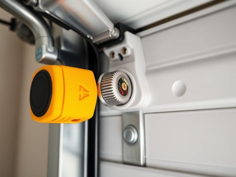 Close-up of garage door safety sensors and pinch protection mechanisms