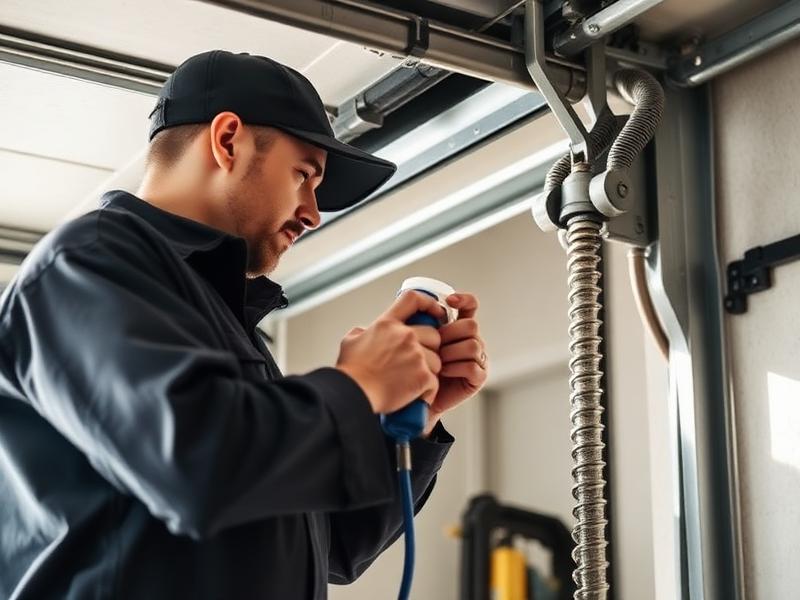 Technician lubricating garage door springs and hinges for spring preparation