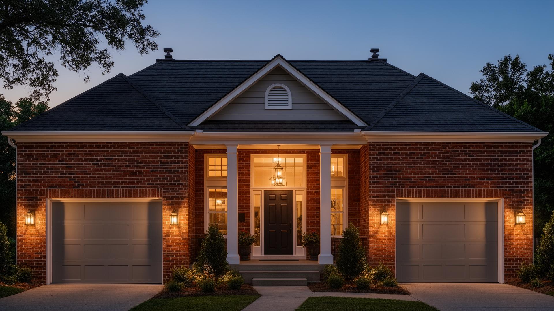 Elegant colonial home with modern flush panel garage doors at dusk, showcasing Sullivan Garage Doors installation quality